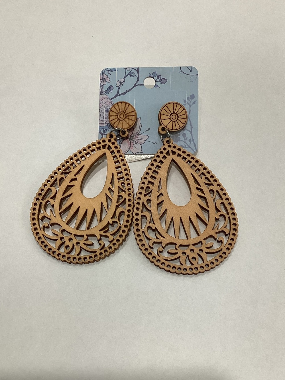 Wooden Teardrop‎ Filigree Earrings - Light Brown